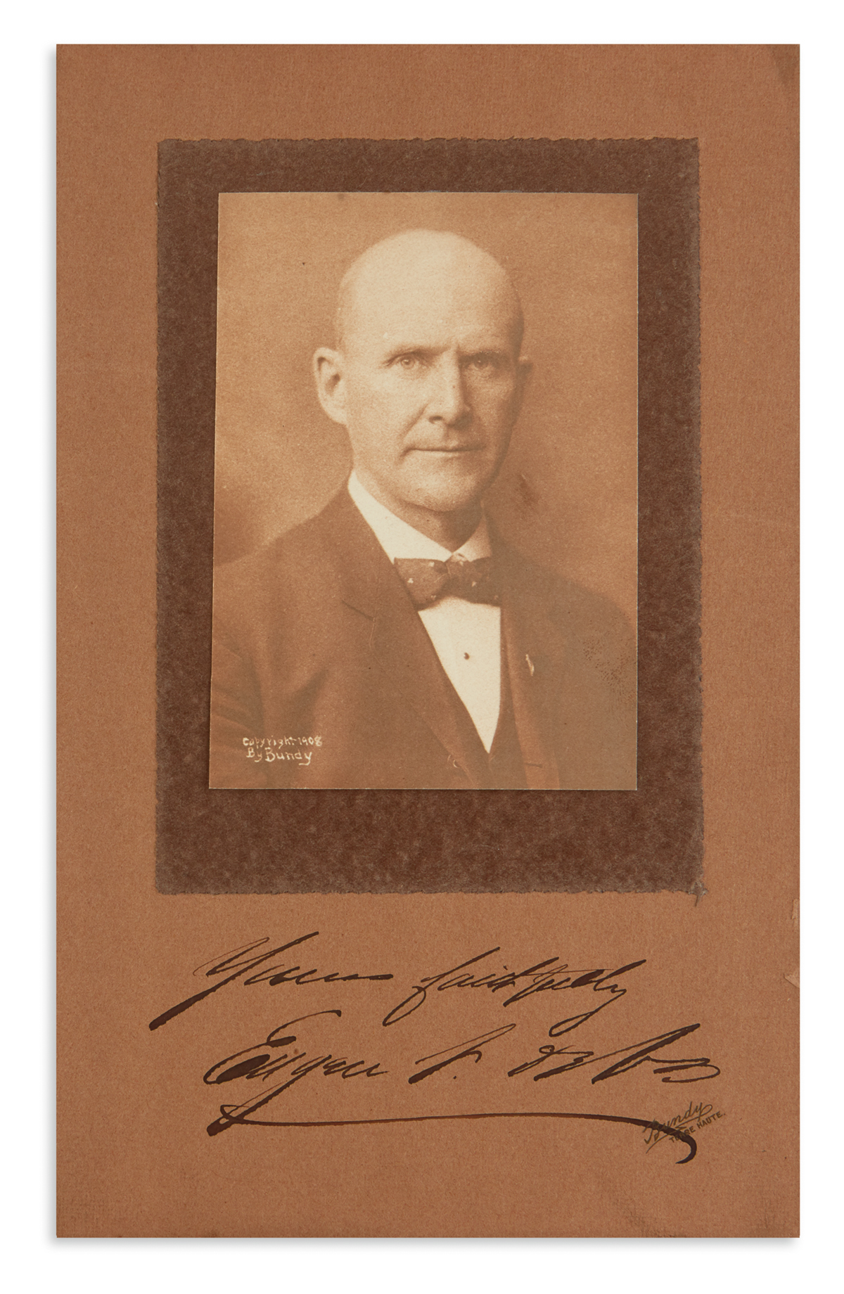 FOUNDER OF THE SOCIALIST PARTY OF AMERICA (LABOR.) EUGENE V. DEBS. Photograph Signed and Inscribed, Yours fa...